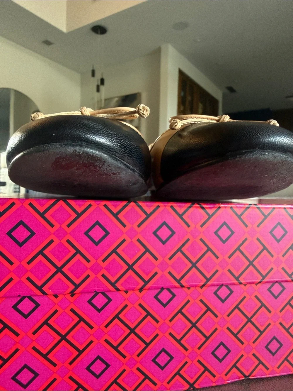 Tory Burch Two-Tone Black and Beige Cap Toe Leather Ballet Flats